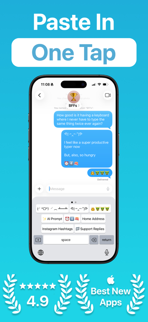 WordBoard: Copy Paste Keyboard - WordBoard app showing a custom keyboard with one-tap text shortcuts for faster messaging.