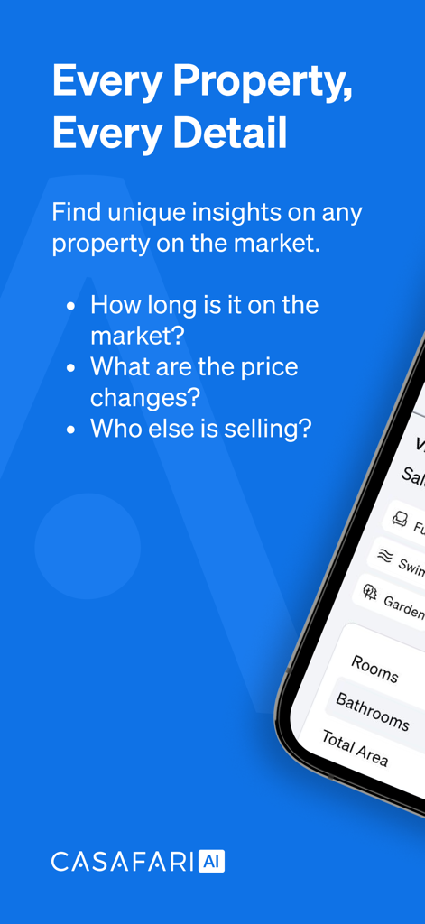 Interfaz de la aplicación Casafari AI que muestra detalles de la propiedad e información sobre el historial del mercado