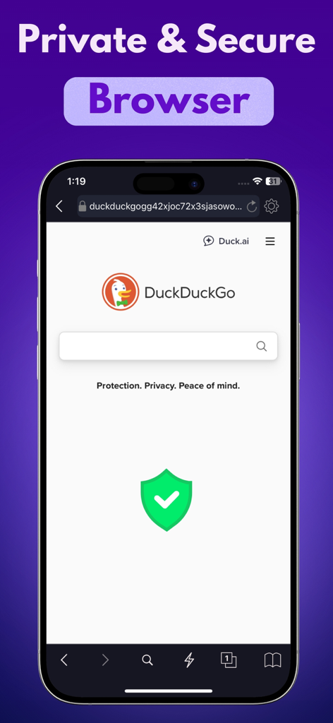 Onion Browser: VPN+Ad Blocker - Un smartphone que muestra la interfaz de la aplicación Onion Browser con búsqueda de DuckDuckGo y un mensaje de navegación privada y segura