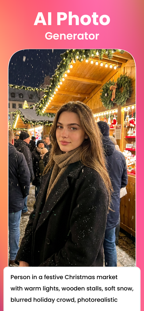 AI-generated photorealistic portrait of a woman at a Christmas market using a text prompt