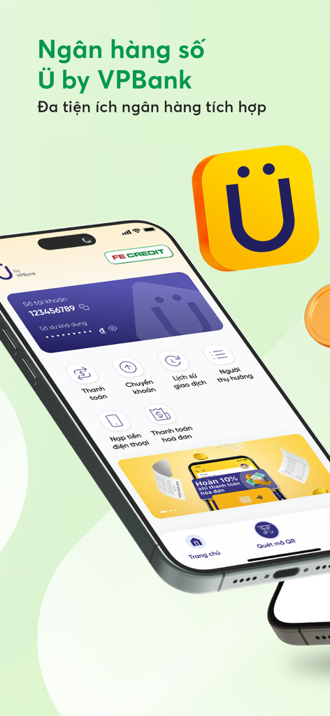 Tela inicial do aplicativo FE ONLINE 2.0 exibindo serviços bancários digitais e opções de pagamento.