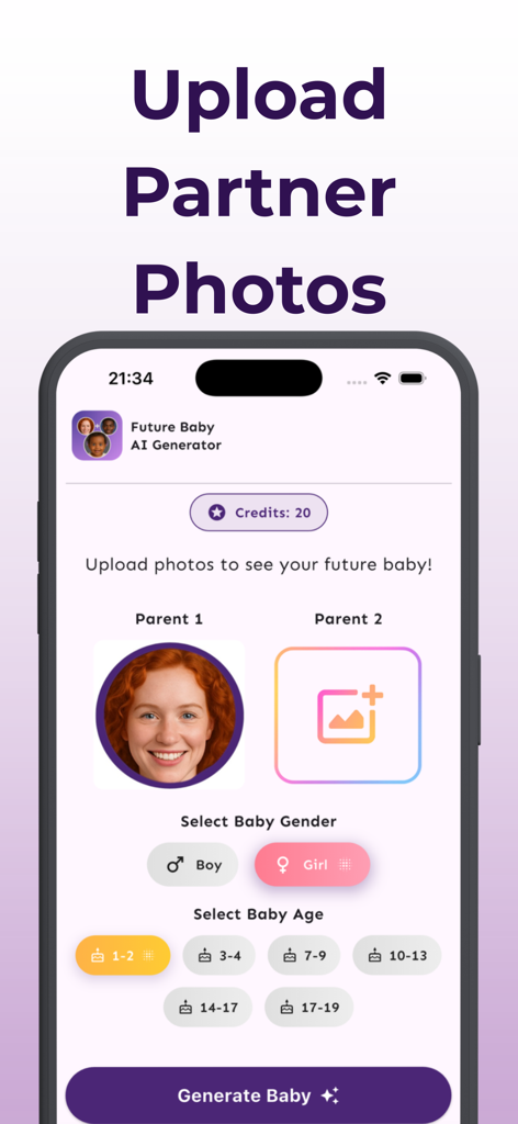 Future Baby AI Generator - Future Baby AI Generator app interface for uploading parent photos and selecting baby age and gender