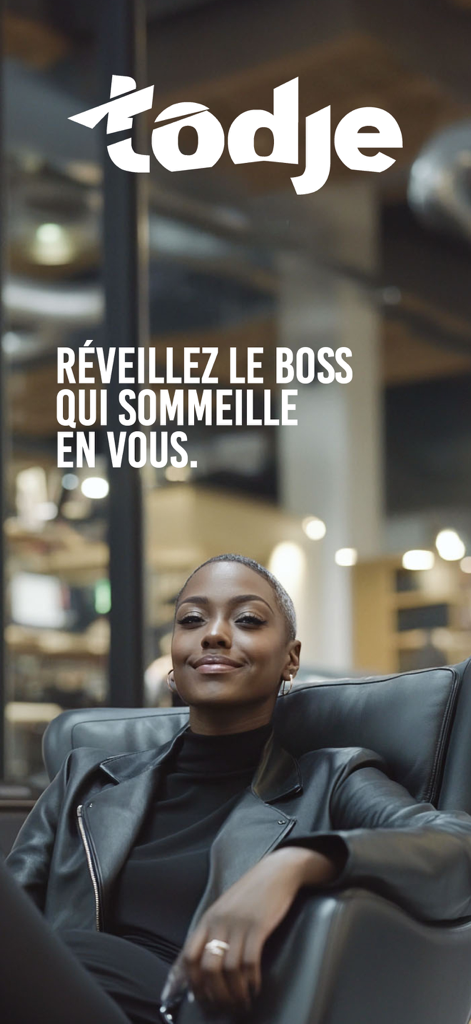 Todje - Todje app screen featuring a confident businesswoman and an empowering slogan
