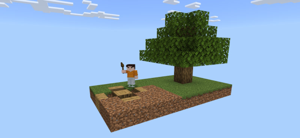 One Block - Maps for Minecraft - Personaggio di Minecraft su una piccola isola fluttuante con un albero e un blocco