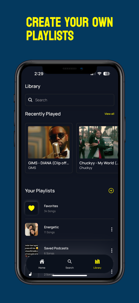 Music : Songs, Video Streaming - Discovery Player app library screen for managing music and creating custom playlists