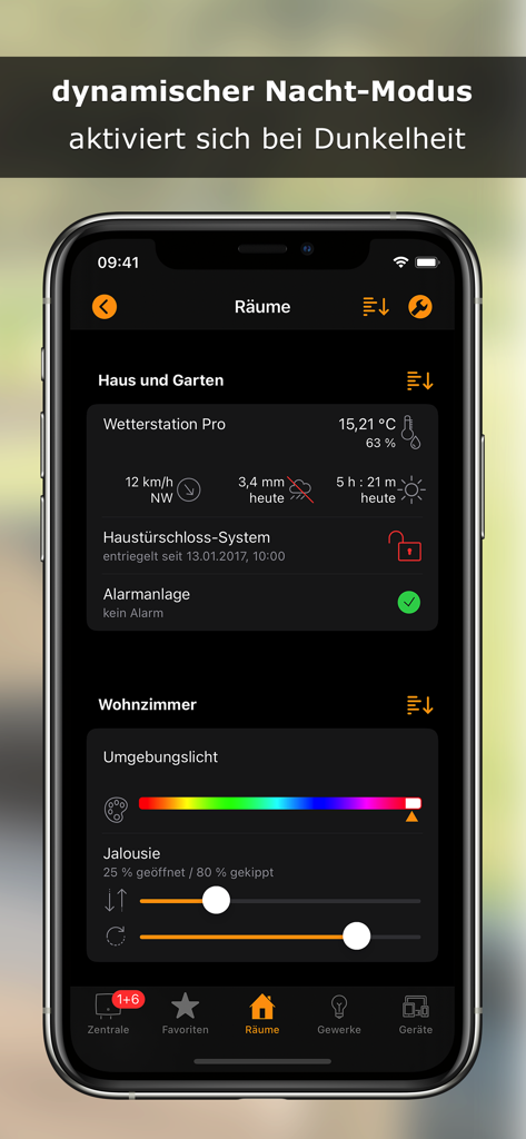 Interfaz de control de hogar inteligente en modo oscuro con configuraciones de iluminación y seguridad