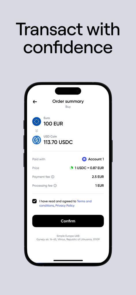 Mobile screen showing an order summary to buy USDC with Euro in the Simple crypto wallet app.