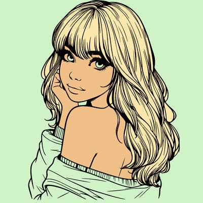 realistic girl with bangs looking over her shoulder
