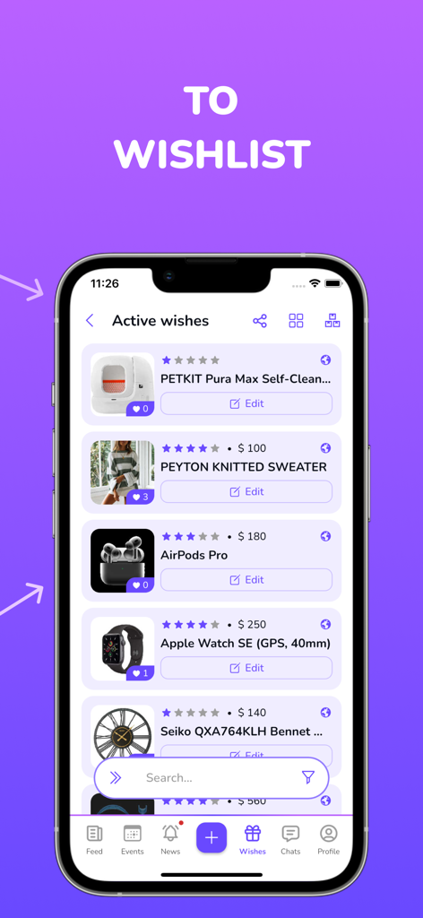 Captura de pantalla del iPhone de la app WishSpace que muestra una lista de deseos curada de artículos de regalo, incluyendo electrónicos y ropa.