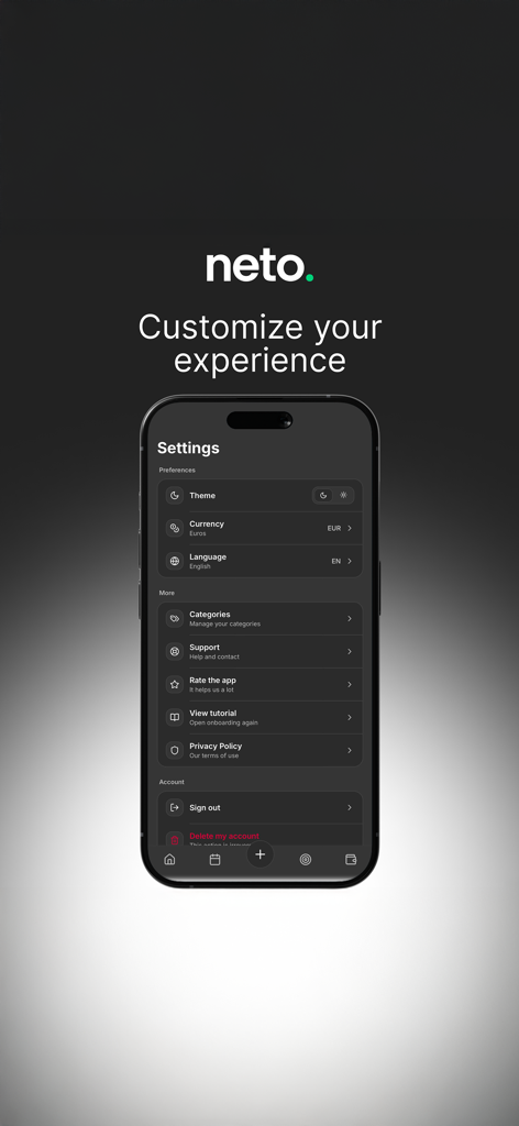 Neto: Budget & Expense Tracker - Neto app settings menu showing options for theme currency and language customization
