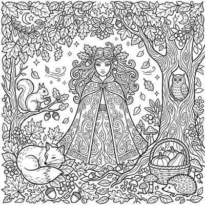 Discover the enchantment of autumn with this mythical coloring page, featuring a serene nature goddess surrounded by woodland creatures and harvest delights. Perfect for celebrating the magic of fall and ancient folklore.