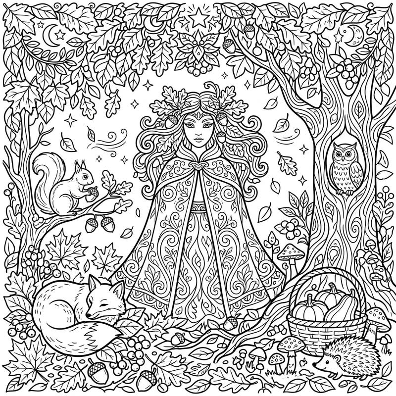 Discover the enchantment of autumn with this mythical coloring page, featuring a serene nature goddess surrounded by woodland creatures and harvest delights. Perfect for celebrating the magic of fall and ancient folklore.