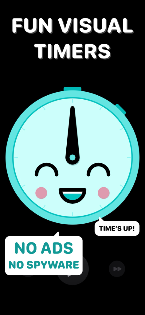 Una interfaz de temporizador visual sonriente de color turquesa para niños y adultos sin anuncios ni spyware