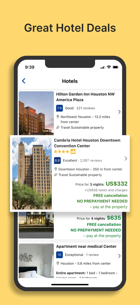 OneTravel Flight & Hotel Deals - Una pantalla móvil que muestra varias listas de hoteles y ofertas en la aplicación OneTravel
