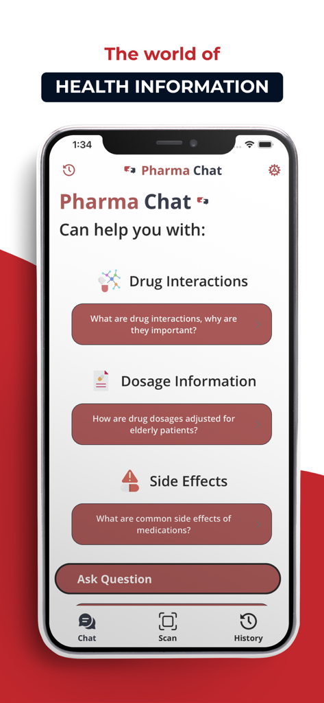 Pharma AI - ChatBot - Interface of the Pharma AI ChatBot app highlighting drug interactions, dosage information, and side effects features.