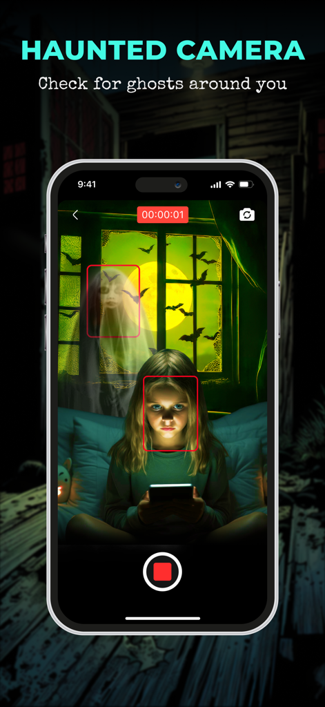 Pantalla de smartphone mostrando la función de cámara embrujada detectando un fantasma en una habitación