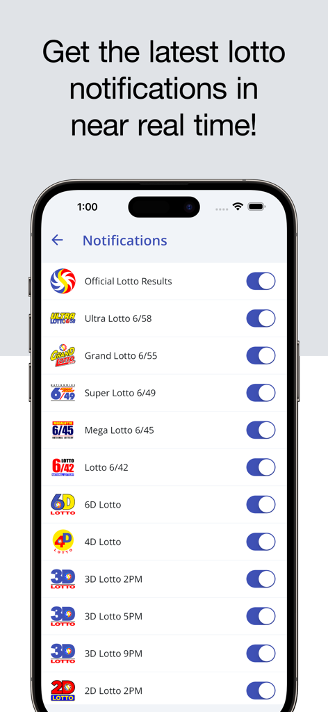 PCSO Lotto Results - Notifications settings screen for various Philippine lottery games in the PCSO Lotto Results app