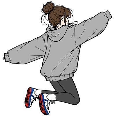 realistic girl jumping with a bun and oversized sweatshirt