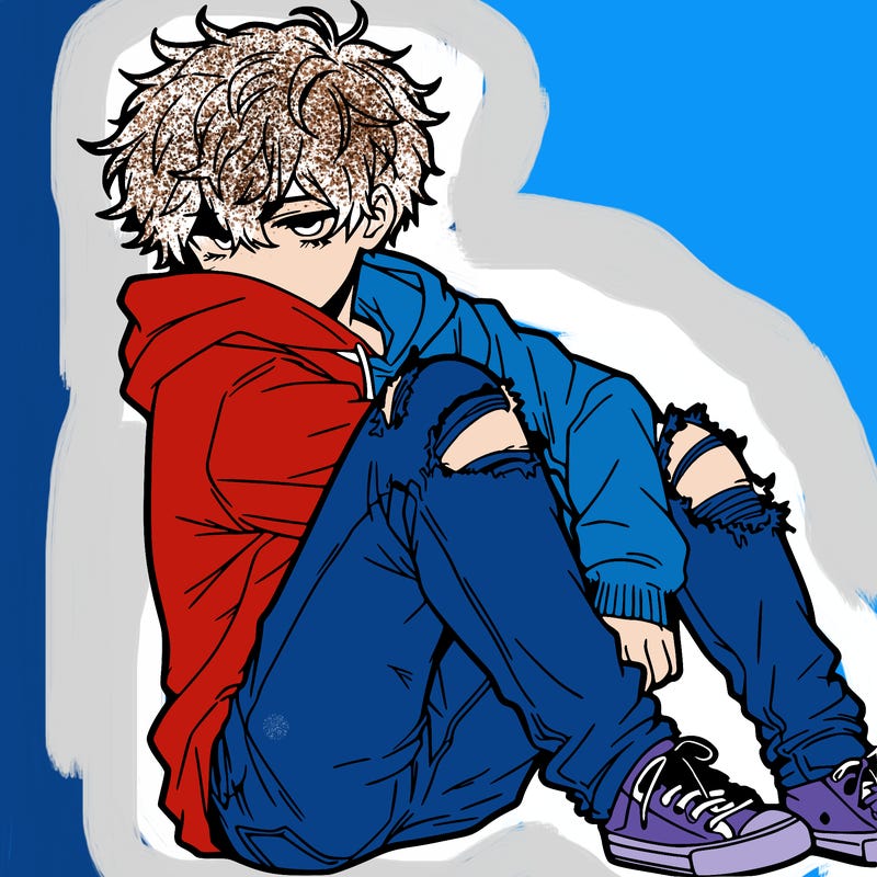 a male hoddie ripped jeans messy hair anime