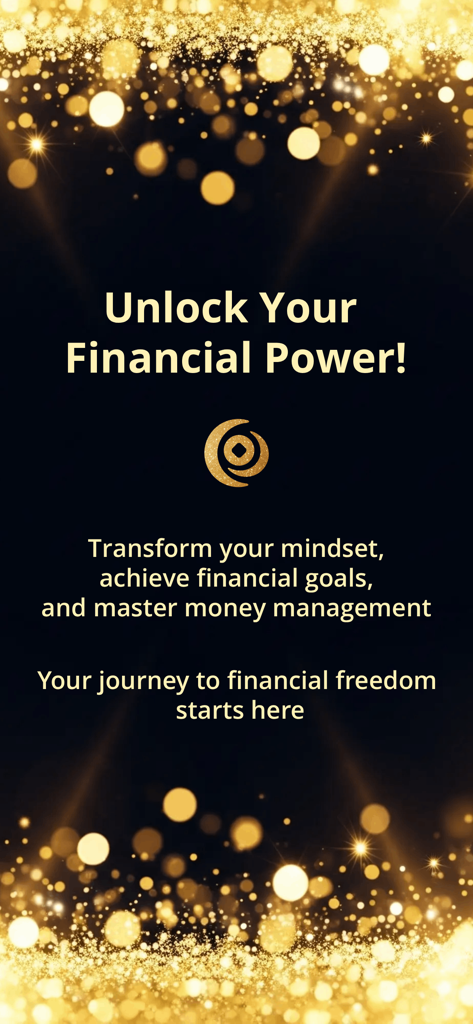 Financial Coach: Money Tips - 마인드셋 변화와 경제적 자유에 대한 텍스트가 있는 금색 보케 배경의 Financial Coach 앱 소개 화면