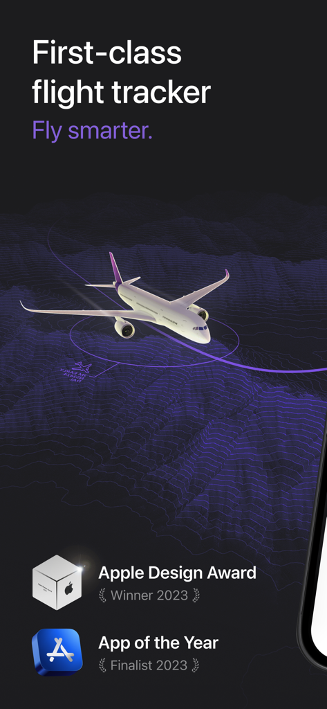 Flighty app intro screen featuring a 3D airplane over a terrain map and Apple Design Award 2023 winner badge