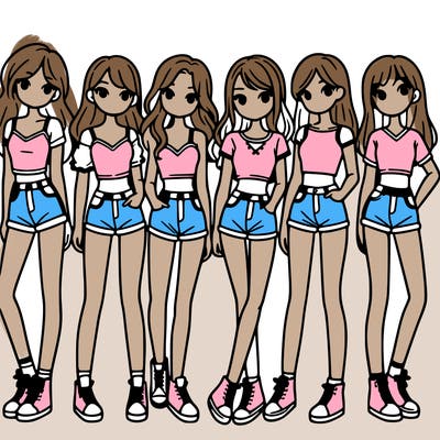 a group of girls wearing crop tops and shorts