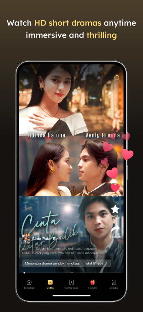 Smartphone screen showing a vertical romantic short drama in HD on the Reelbuzz app