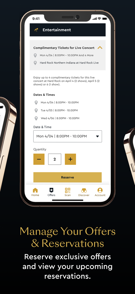 Unity by Hard Rock app interface for managing concert ticket offers and reservations