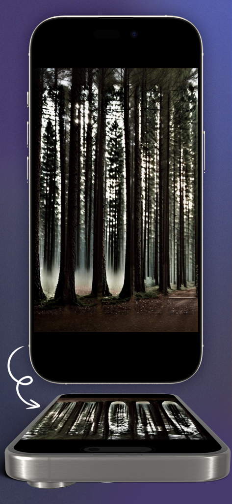 iPhone mostrando un truco de magia donde la palabra AMONG está oculta dentro de una imagen de bosque generada por IA y se revela inclinando la pantalla.