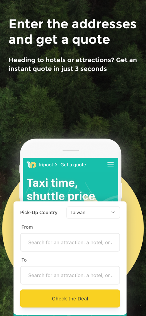 Tripool app interface showing the get a quote booking form for Taiwan travel.