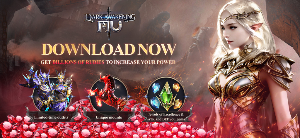 MU: Dark Awakening - Bannière promotionnelle MU Dark Awakening présentant un personnage elfe et des récompenses en rubis
