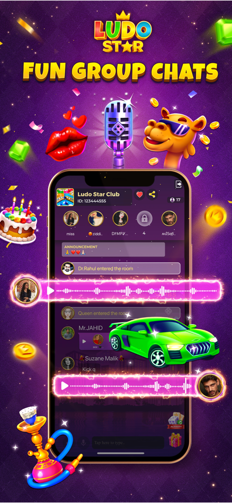 Ludo STAR app interface showing group chats with voice notes and colorful virtual gifts