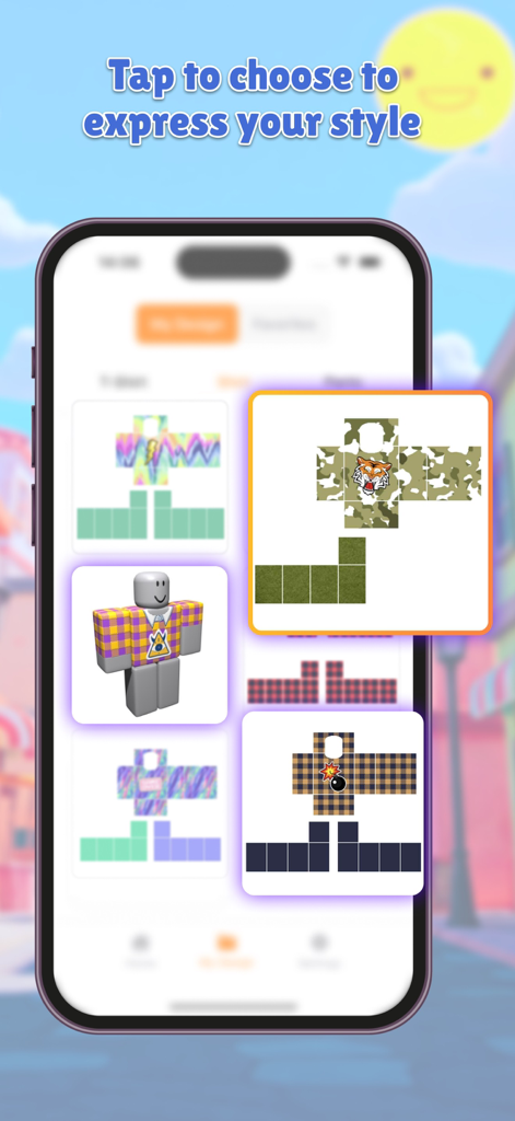 Avatar Clothes Maker Studio - Una interfaz móvil que muestra varias plantillas de diseño de ropa para avatares de estilo bloque