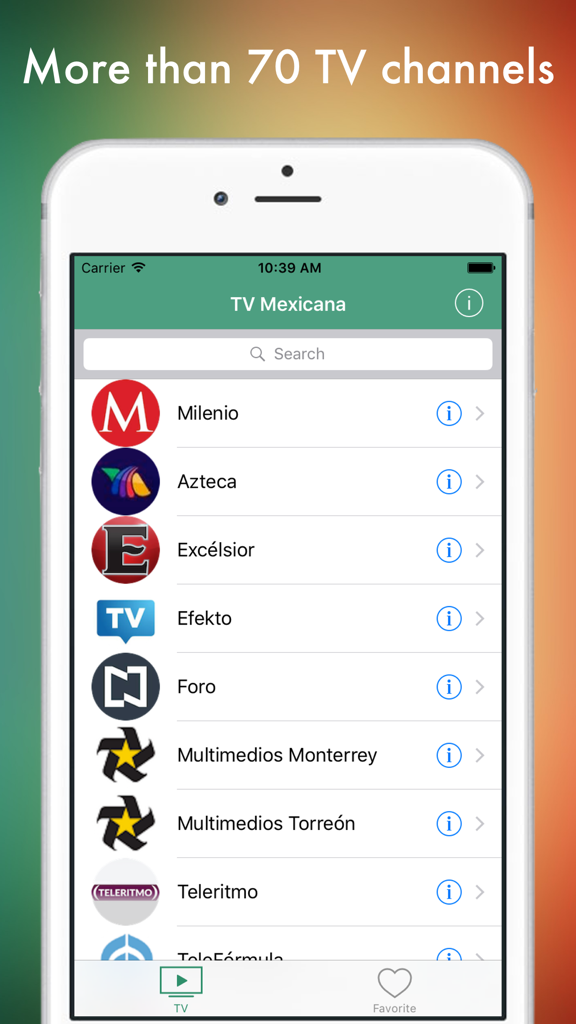 Interface of the TV Mexicana mobile app showing a list of available live television channels like Milenio and Azteca.