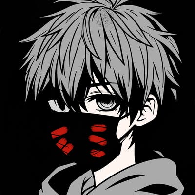 manga boy with hair covering one eye and a mask over his mouth