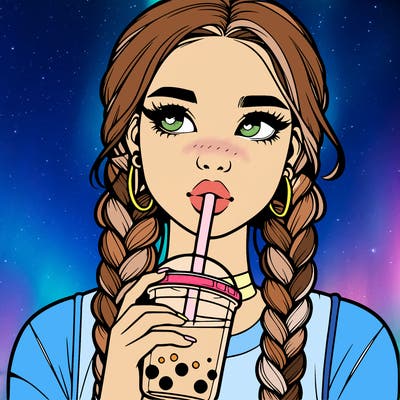 realistic girl with braided hair drinking boba