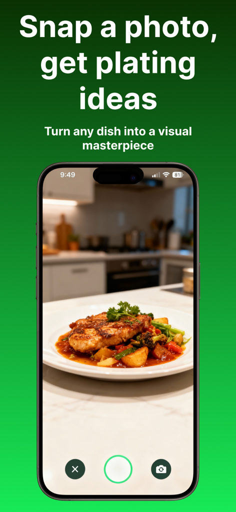 AI Food Plating - A mobile phone screen showing the AI Food Plating app camera feature scanning a dish.