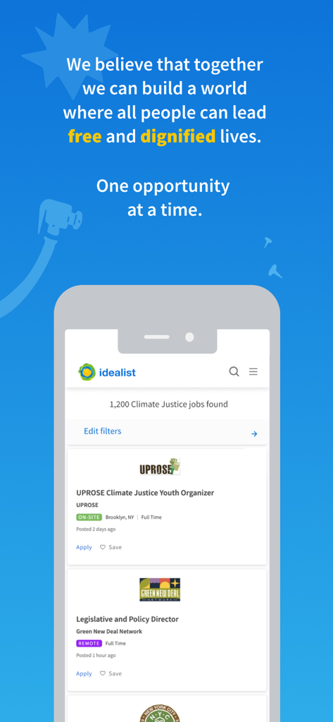 Idealist Job Search - Idealist app interface showing climate justice job listings and mission statement