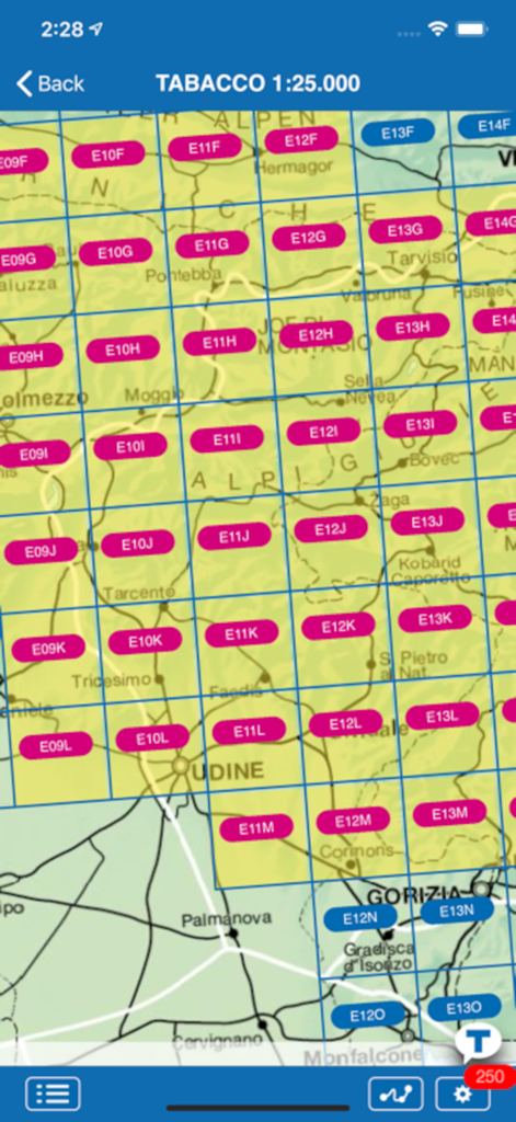 TABACCOmapp - Interface of TABACCOmapp showing a grid of topographic map sections over Northern Italy