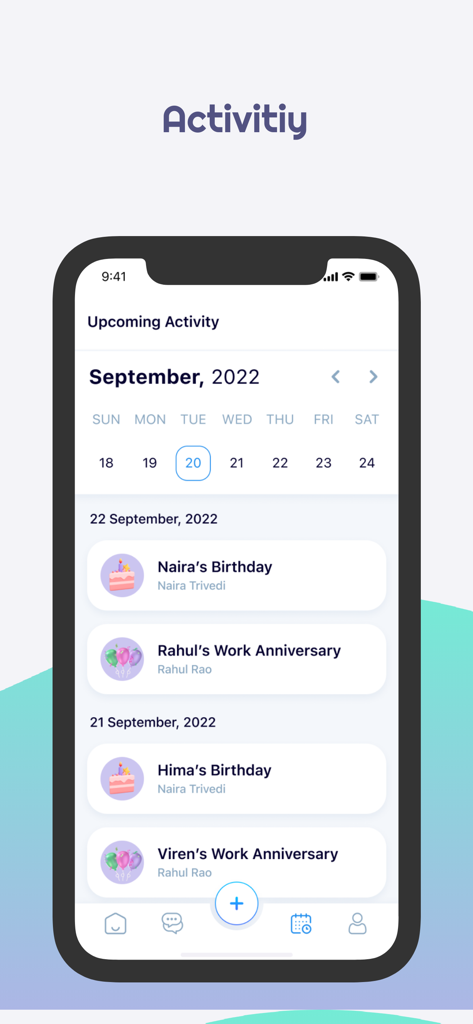 ESS (Employee Self Service) - ESS app activity board showing upcoming company events like birthdays and work anniversaries on a calendar view.