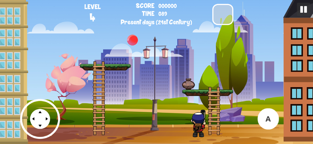 Pang In Time - Gameplay screenshot of Pang In Time showing a character in a 21st century city level with platforms and a red bubble.