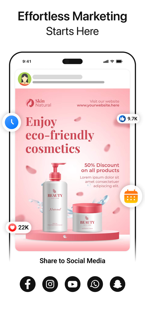 Poster Maker Flyer Maker - Smartphone screen showing an eco friendly cosmetics flyer created with the Poster Maker app for social media marketing