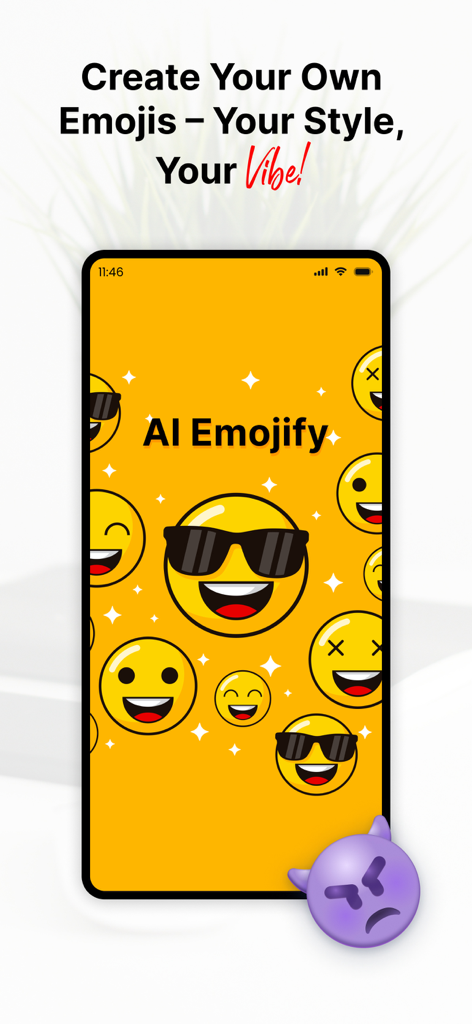 AI Emoji Maker. - AI Emojify app welcome screen showing various custom yellow emojis with sunglasses and a 3D purple emoji.