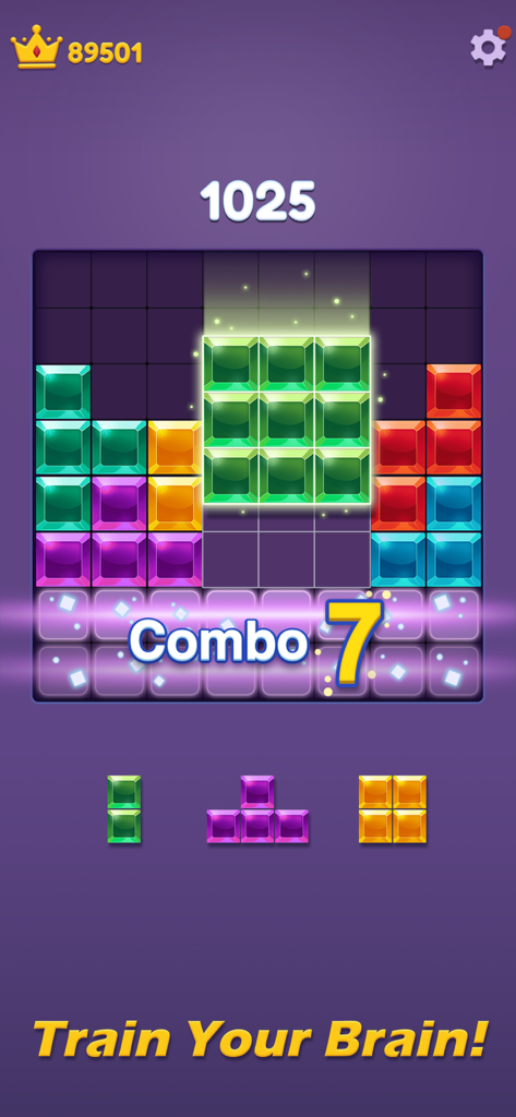 Gameplay screenshot of Block Puzzle Gem Blast showing colorful jewel blocks and a combo 7 achievement on an 8x8 grid.