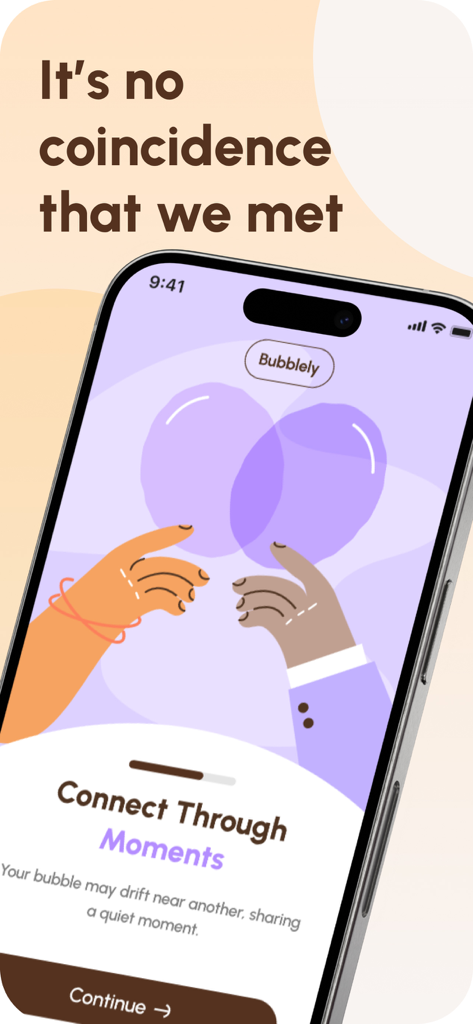 Bubblely – Softly Connected - Bubblely app interface showing a soft illustration of hands touching purple mood bubbles with the phrase Connect Through Moments