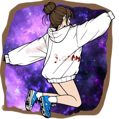 realistic girl jumping with a bun and oversized sweatshirt