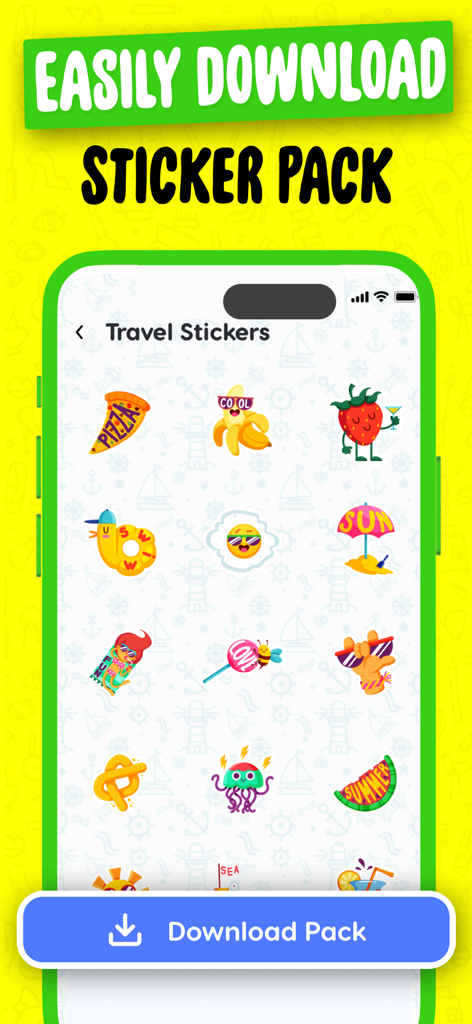 Sticker Maker app interface showing a travel themed sticker pack and a download button