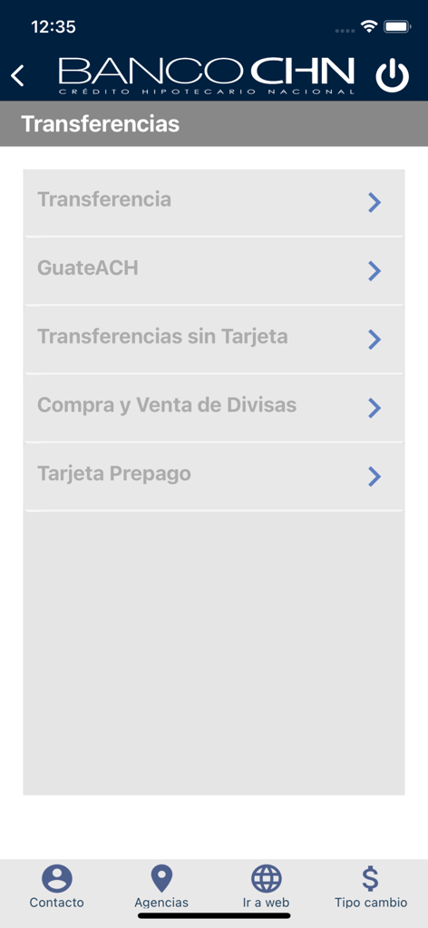 Interfaz de la app móvil de Banco CHN mostrando varias opciones de transferencia bancaria y cambio de divisas