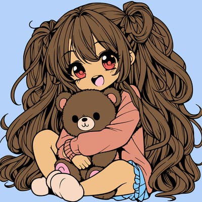 manga girl, long curly hair, happy, cuddling a teddy bear