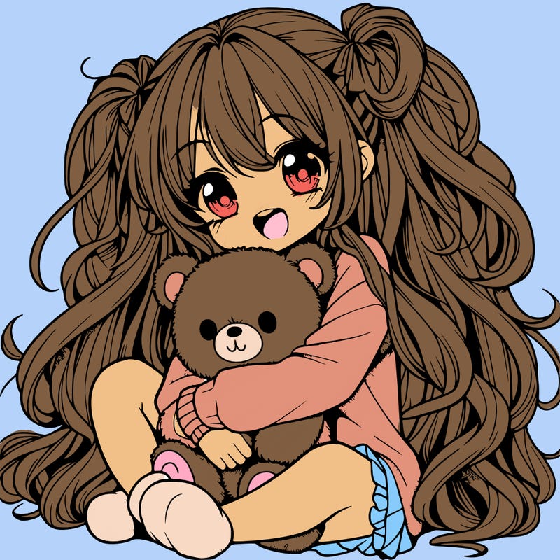 manga girl, long curly hair, happy, cuddling a teddy bear